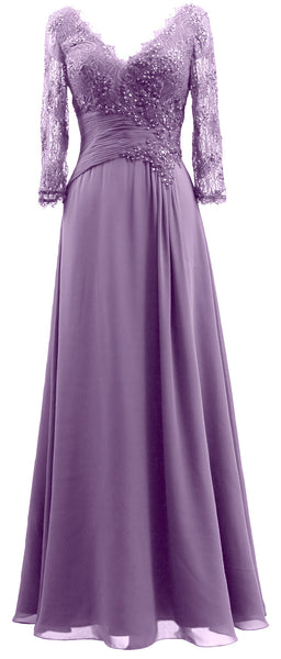 MACloth Women V Neck Long Mother of Bride Dresses 3/4 Sleeve Formal Evening Gown