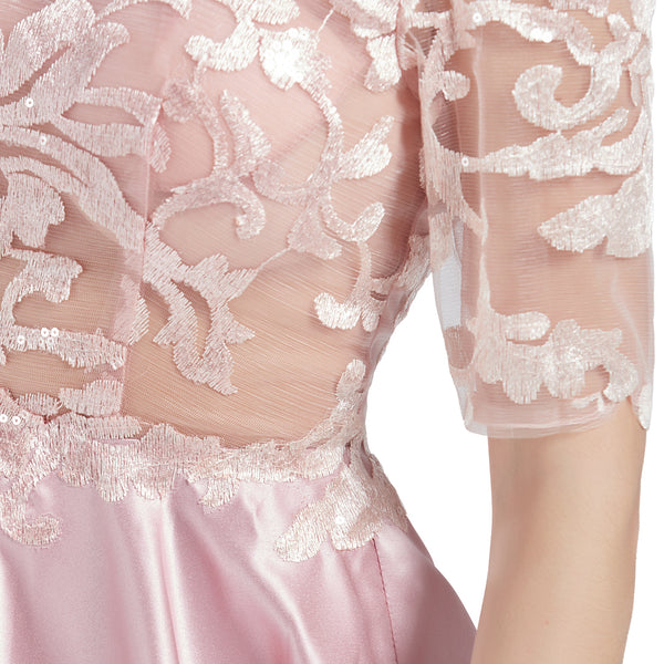 MACloth Women Scoop Neckline Half Sleeve High Low Lace Satin Prom Party Homecoming Dresses