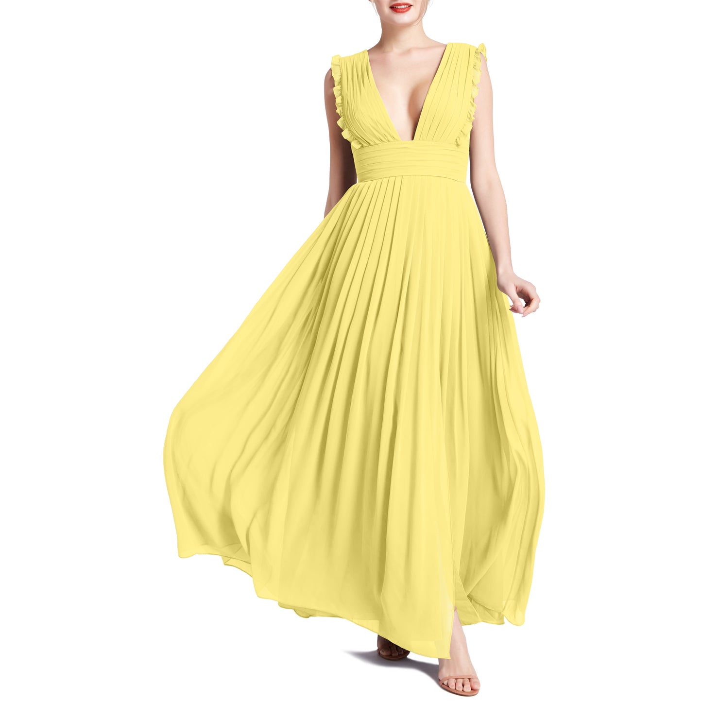 MACloth Women V Neck Ruffle Long Pleated Wedding Party Bridesmaid Dresses