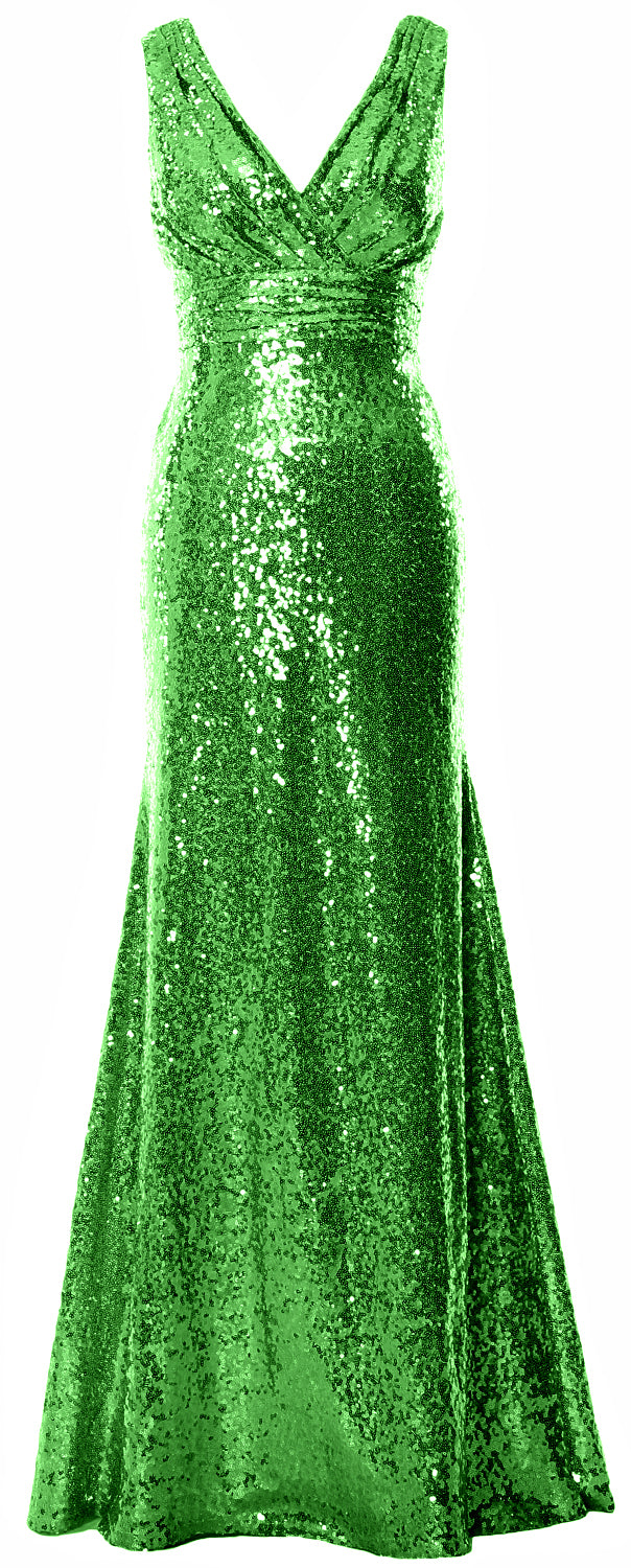 MACloth Women Mermaid V Neck Maxi Sequin Wedding Party Dresses Bridesmaid Prom