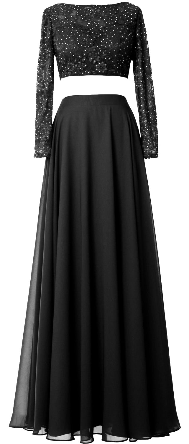 MACloth Damen Abendkleid aus Spitze und Chiffon, 2-teilig, lange Ärmel, Ballkleid