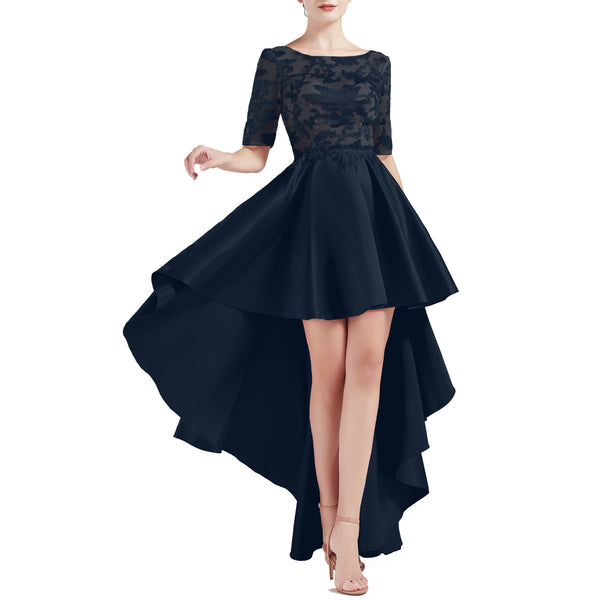 MACloth Women Scoop Neckline Half Sleeve High Low Lace Satin Prom Party Homecoming Dresses