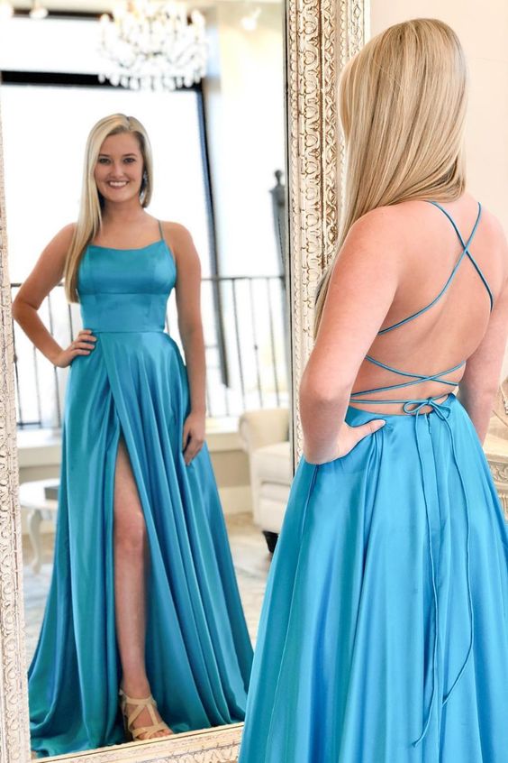 Vestido de fiesta estilo regencia con tirantes finos y espalda abierta de MACloth, vestido de noche formal de satén