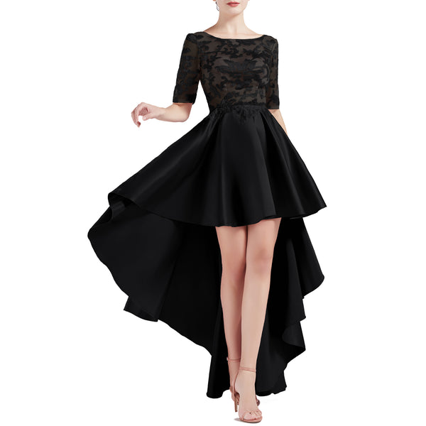 MACloth Women Scoop Neckline Half Sleeve High Low Lace Satin Prom Party Homecoming Dresses