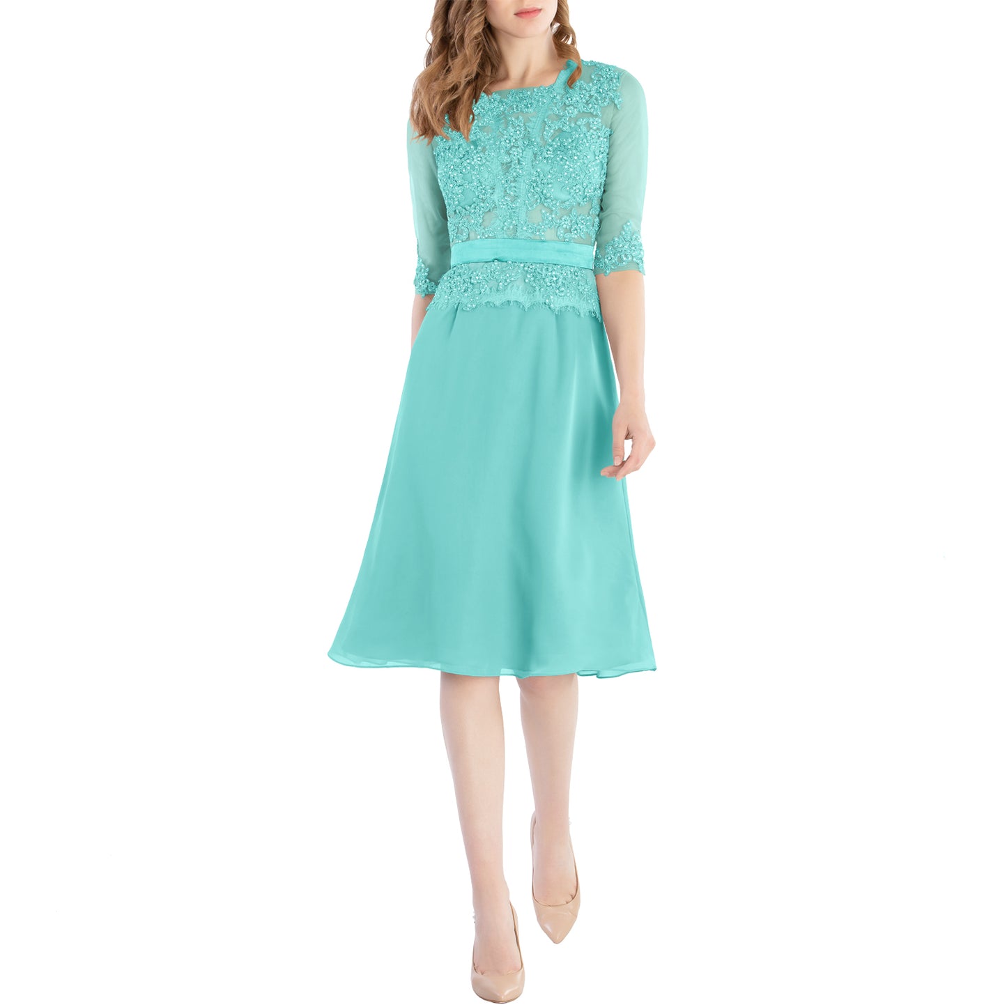 MACloth Damen-Kleid mit Rundhalsausschnitt, Perlenspitze, kurze Halbärmel, für die Brautmutter, Hochzeit, Brautparty