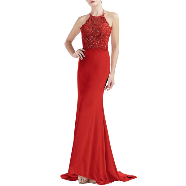MACloth Women Sleeveless Halter Jersey Mermaid Long Prom Party Dresses Evening