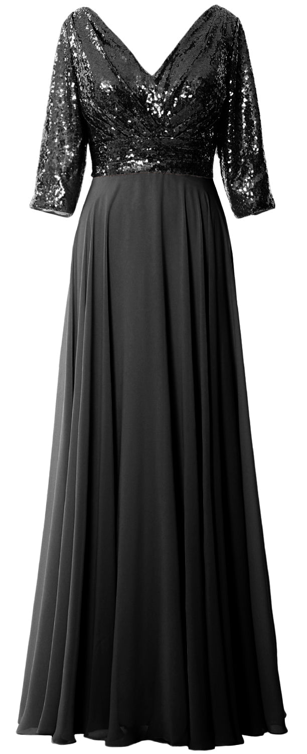 MACloth Women Long Sleeve V Neck Long Sequin Mother of Bride Dresses Maxi Gown Black / Floor Length / US12