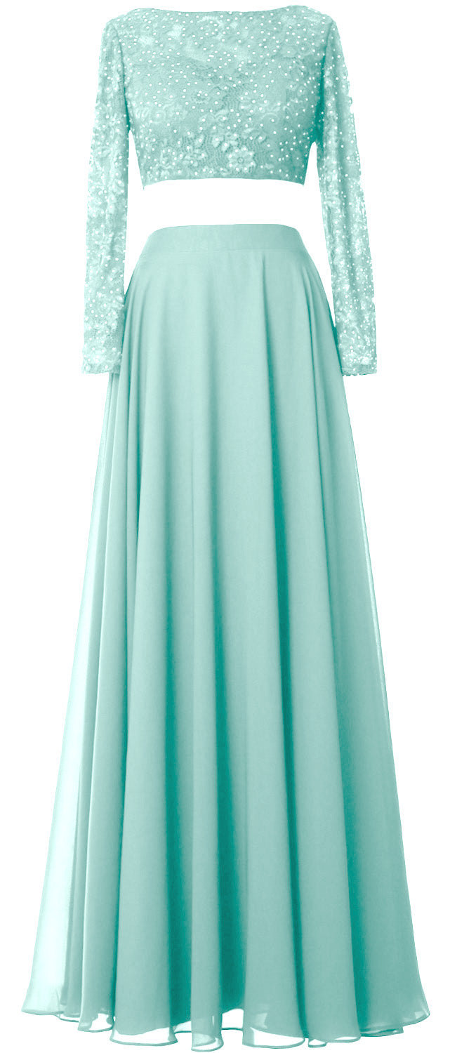 MACloth Damen Abendkleid aus Spitze und Chiffon, 2-teilig, lange Ärmel, Ballkleid