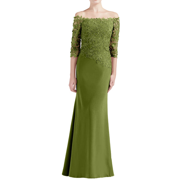 MACloth Women Off Shoulder 3/4 Sleeves Long Mother Bride Dresses Evening Gown
