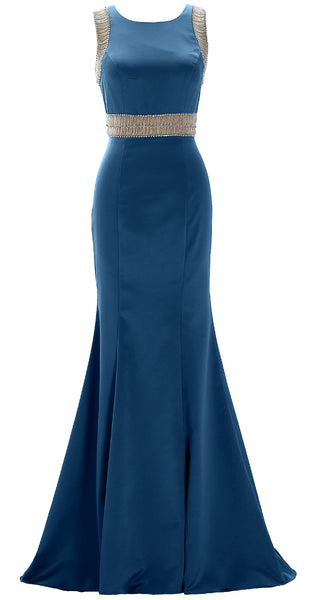 MACloth Women Boat Neck with Beaded Formal Evening Gown Sheath Satin Prom Dress
