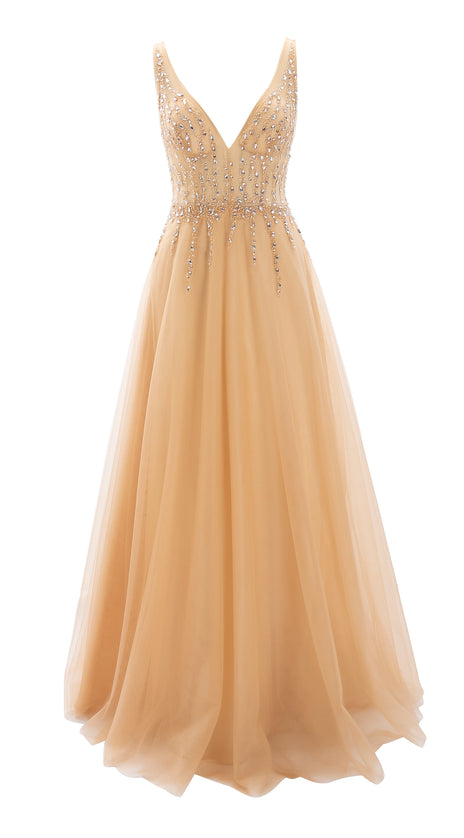 MACloth Prom Dress Plunging V Neck Tulle Long Formal Evening Gown Bridal Wedding