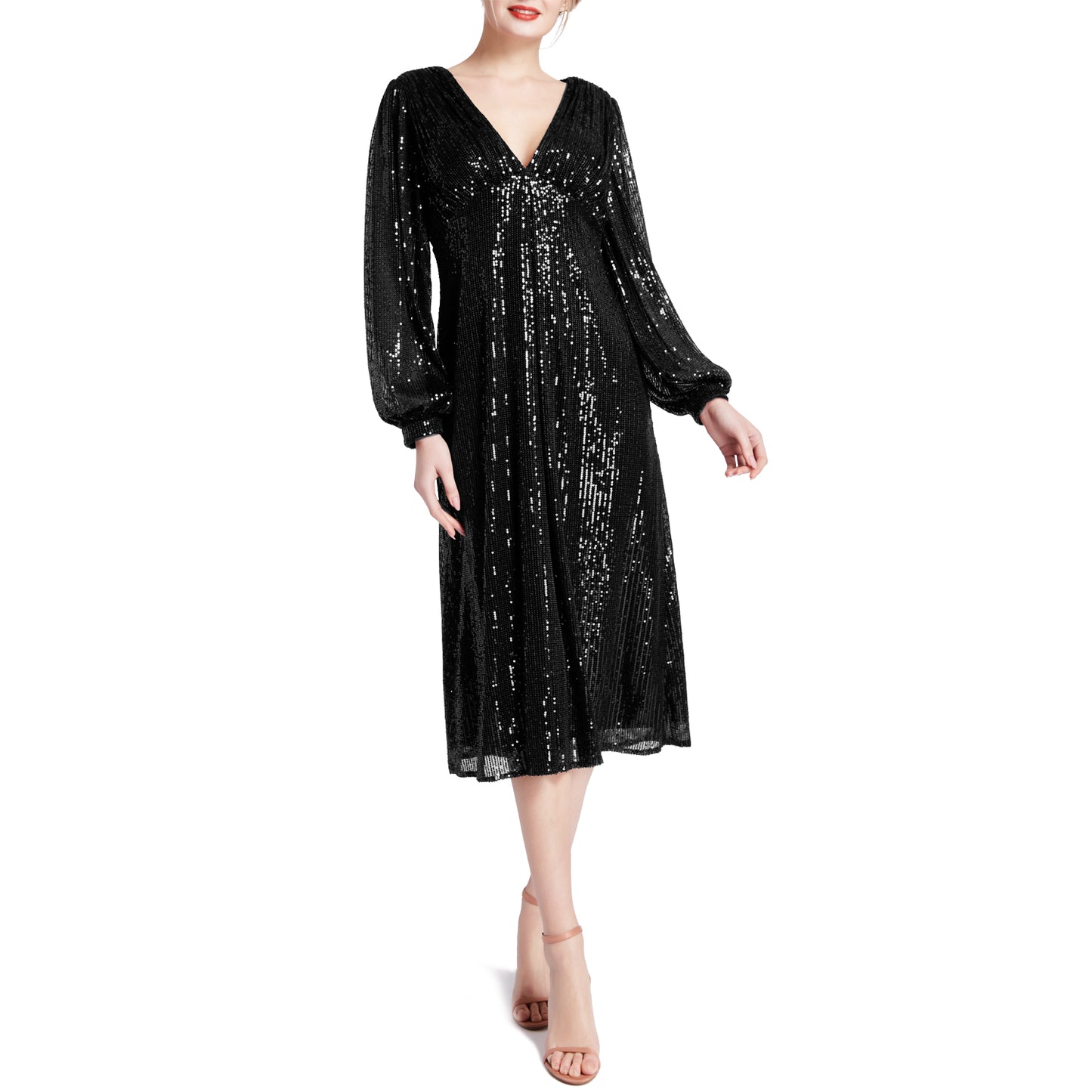 MACloth Women Tea Length Long Puff Sleeve Empire Sequin Cocktail Party Dresses