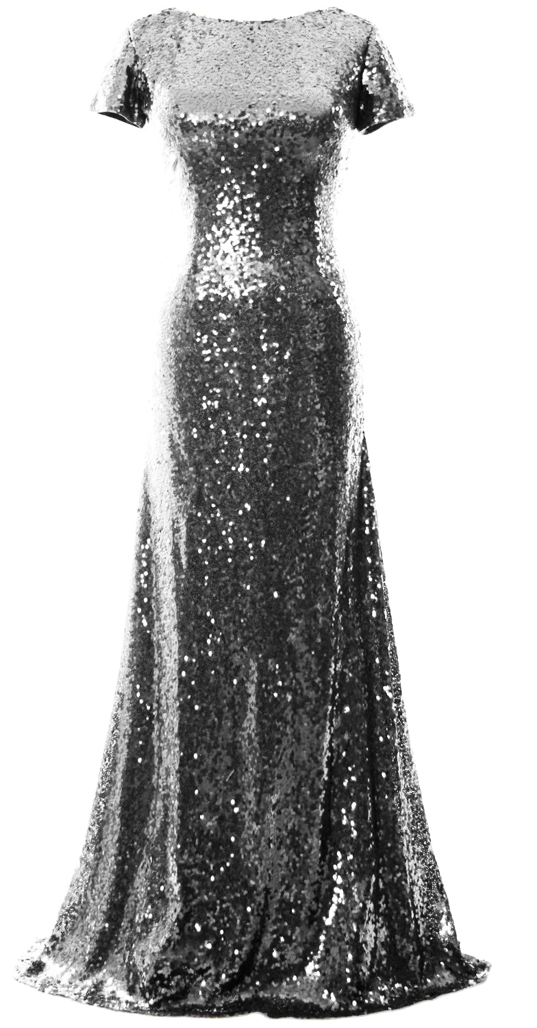 Vestido de dama de honor largo con lentejuelas y mangas cortas de sirena de MACloth, vestido de noche formal