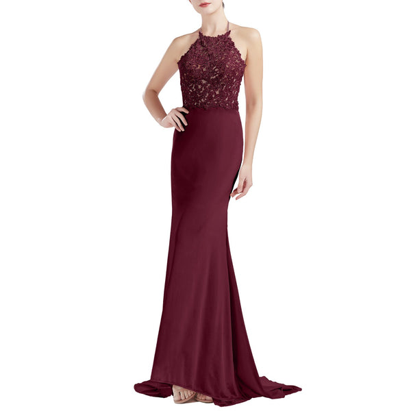 MACloth Women Sleeveless Halter Jersey Mermaid Long Prom Party Dresses Evening