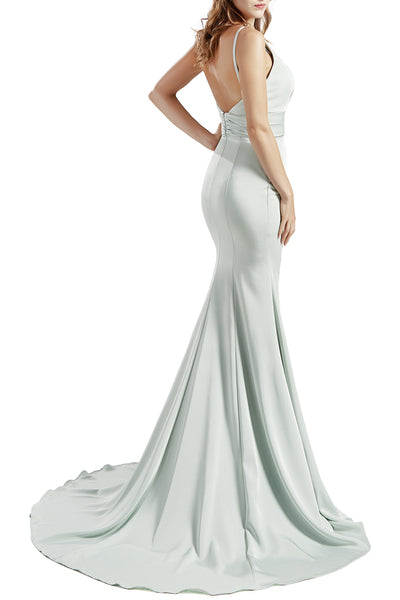 MACloth Women Long V Neck Crepe Mermaid Prom Party Dresses Evening Gown