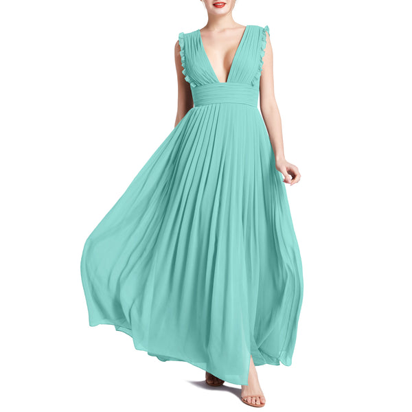 MACloth Women V Neck Ruffle Long Pleated Wedding Party Bridesmaid Dresses