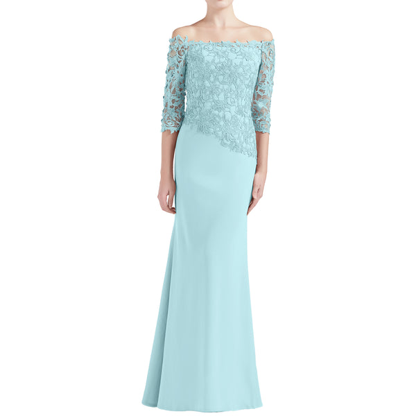 MACloth Women Off Shoulder 3/4 Sleeves Long Mother Bride Dresses Evening Gown