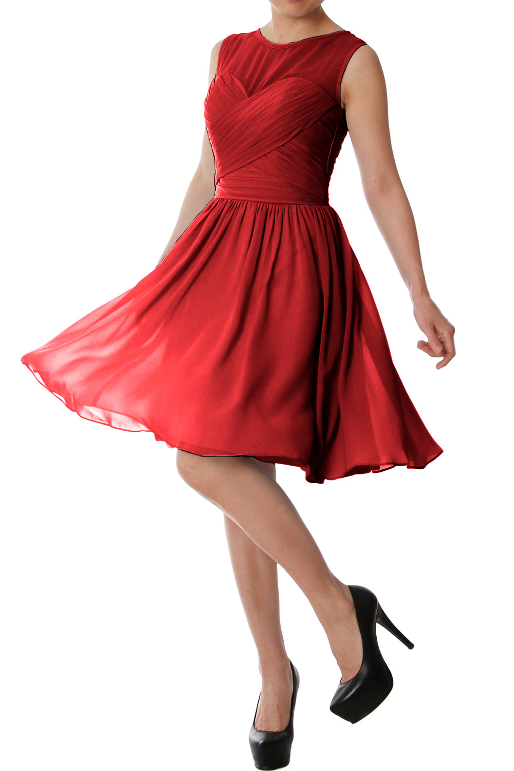 Vestido de dama de honor corto con cuello redondo elegante de MACloth, vestido formal de gasa para fiesta de boda