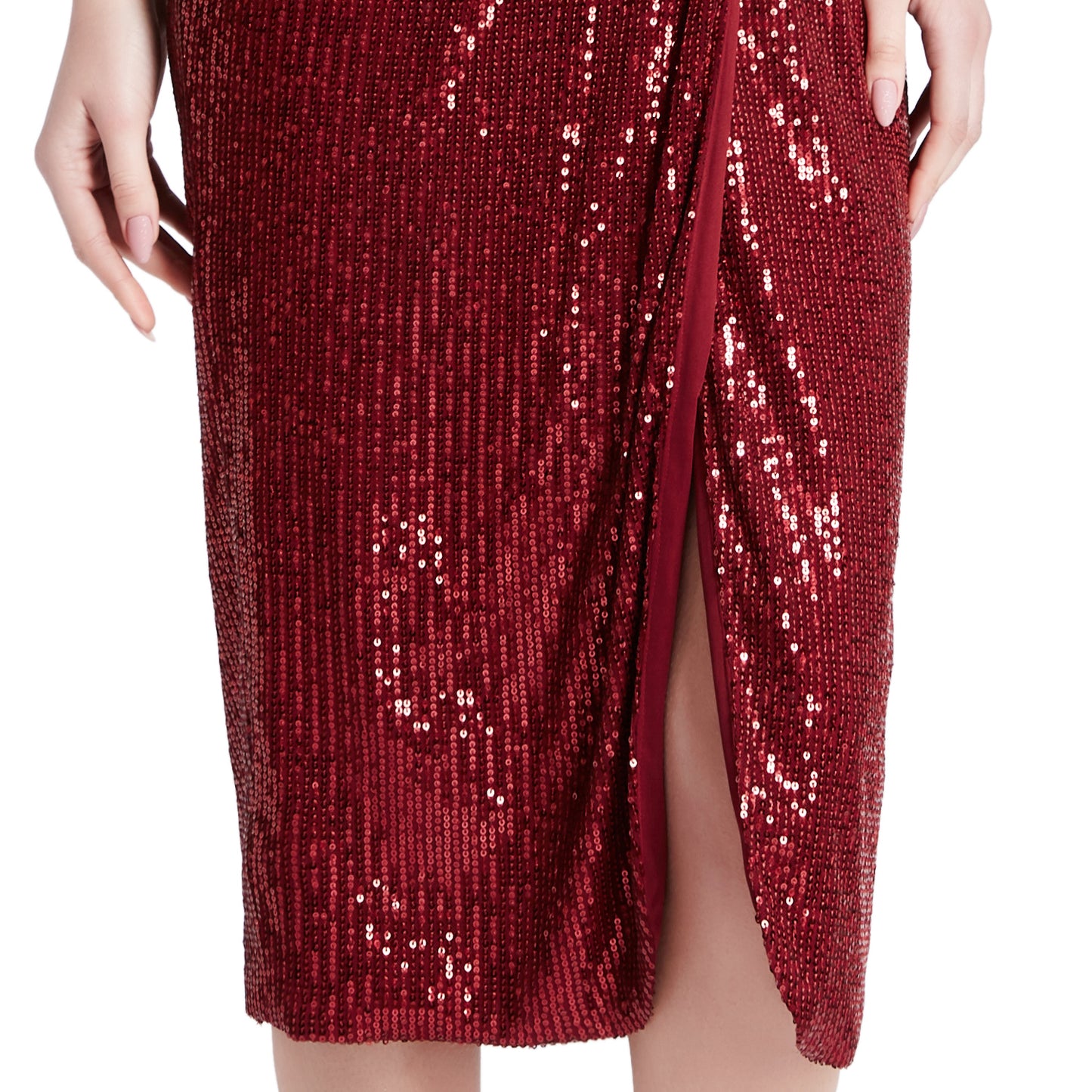 MACloth Damen Cocktailkleid mit langen Ärmeln, V-Ausschnitt, gerüscht, Wickeldesign, Pailletten