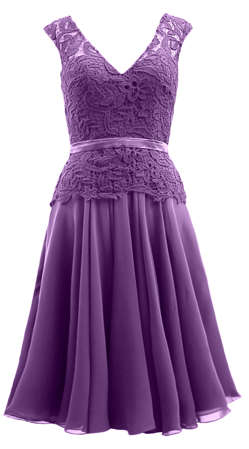 MACloth Women V Neck Lace Chiffon Party Formal Gown Midi Mother of Bride Dress