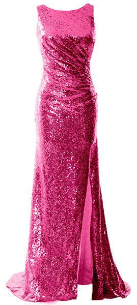 MACloth Women Sequin Long Bridesmaid Dresses Cowl Back Prom Evening Gown Split