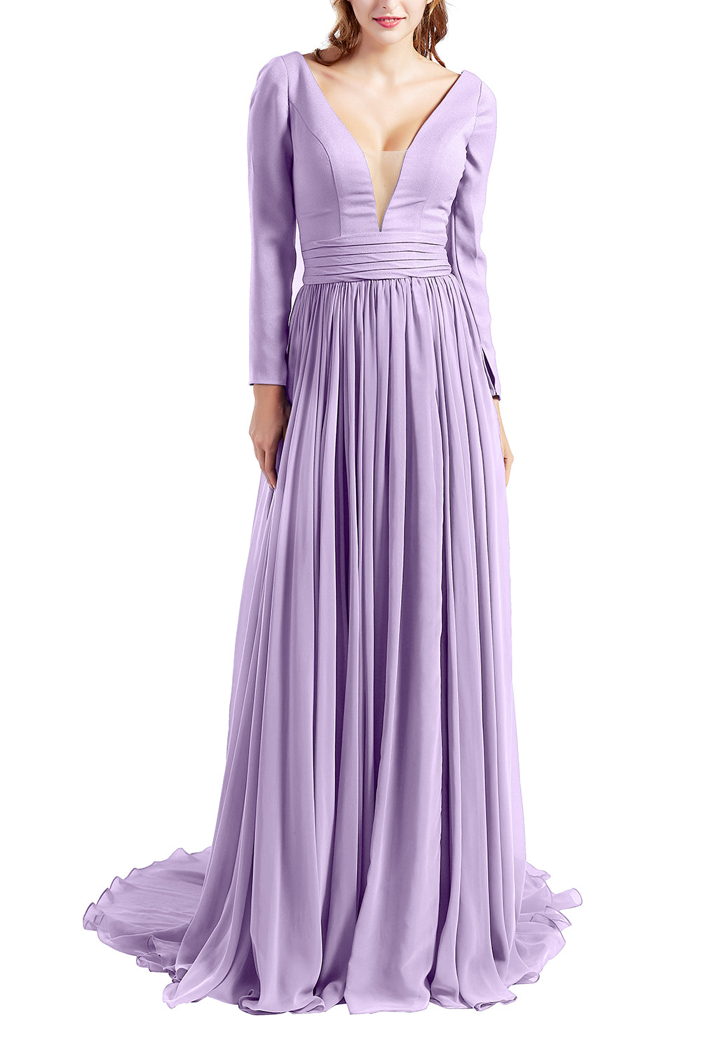 MACloth Women Plunging V Neck Long Sleeve Formal Evening Dress Prom Party Gown