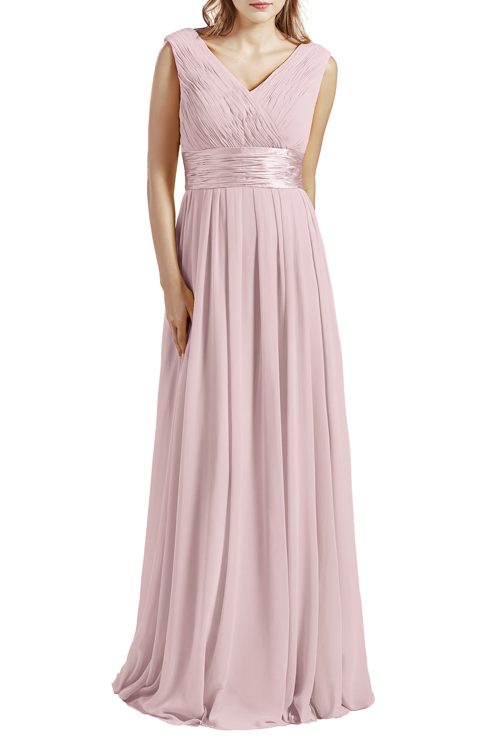 MACloth Damen Langes V-Ausschnitt Chiffon Brautjungfernkleid mit Rüschen BD