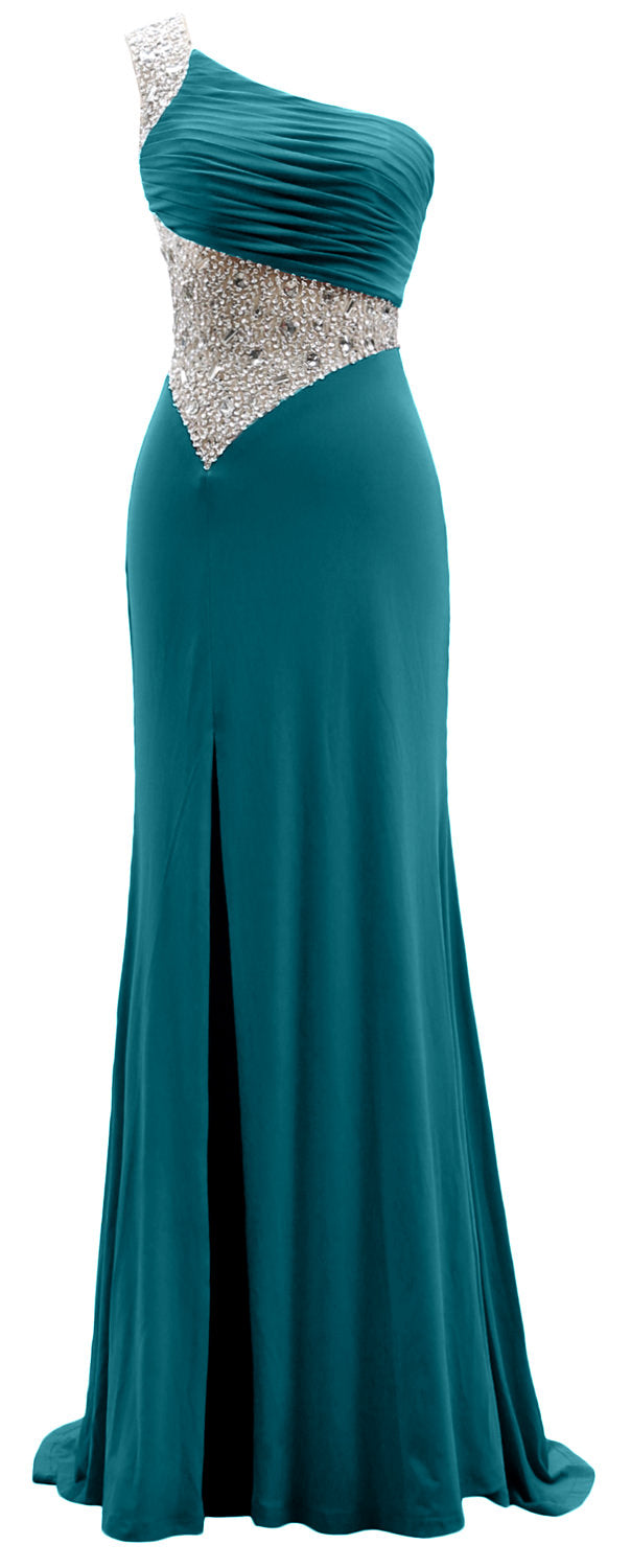 MACloth One Shoulder Prom Dresses with Split Mermaid Jersey Evening Formal Gown