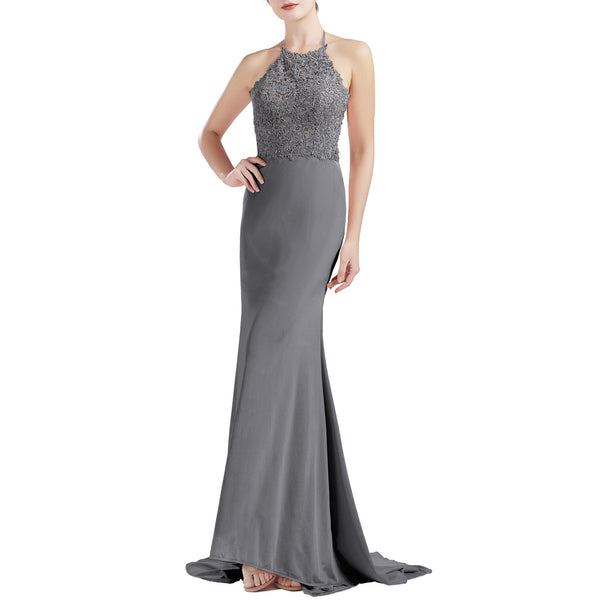MACloth Women Sleeveless Halter Jersey Mermaid Long Prom Party Dresses Evening