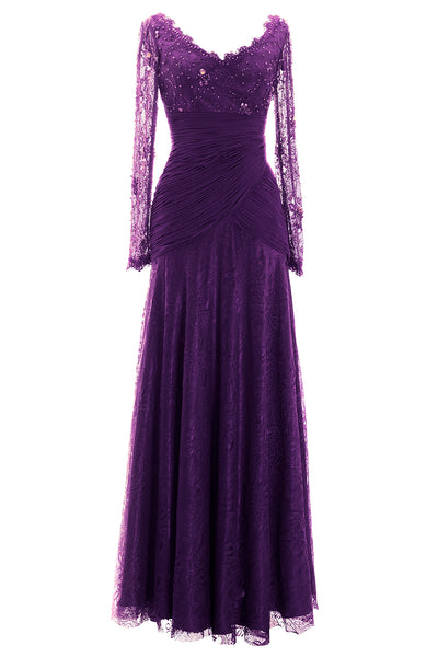 MACloth Women Long Sleeve V Neck Bead Mother of Bride Formal Dress Evening Gown