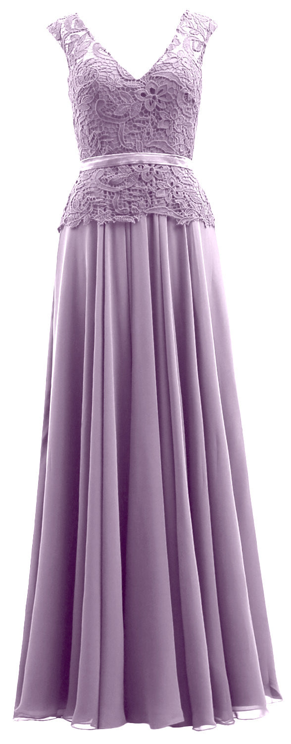 MACloth  Mother of the Bride Dresses Cap Sleeves V Neck Lace Formal Evening Gown