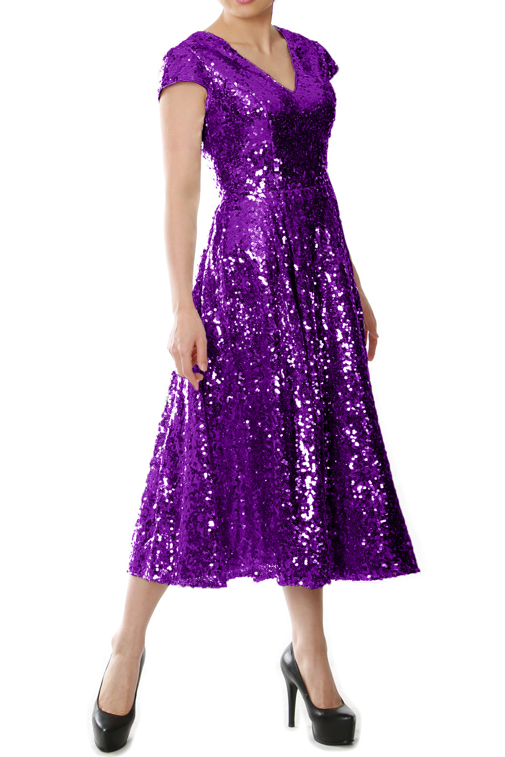 MACloth Damen Midi-Kleid für die Brautmutter, Pailletten, Flügelärmel, für Hochzeit, Party