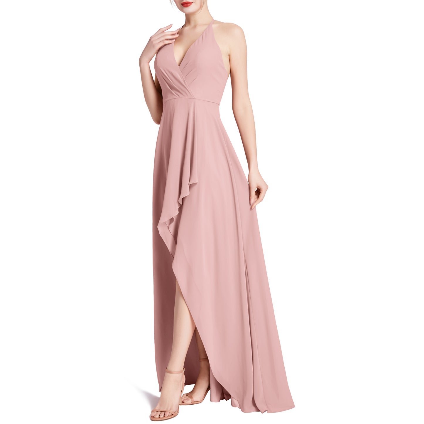 MACloth Women V Neck Halter Hi Lo Long Wedding Party Bridesmaid Dresses