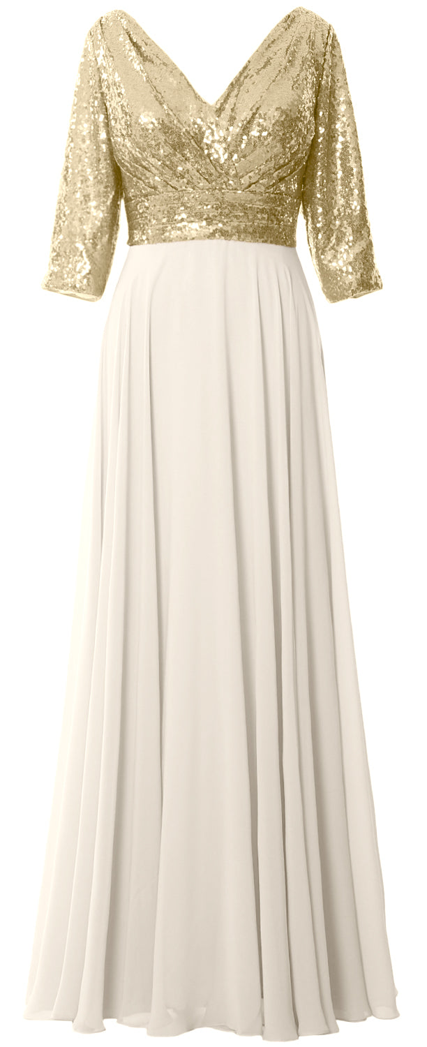 MACloth Damen Maxikleid mit langen Ärmeln und V-Ausschnitt und Pailletten