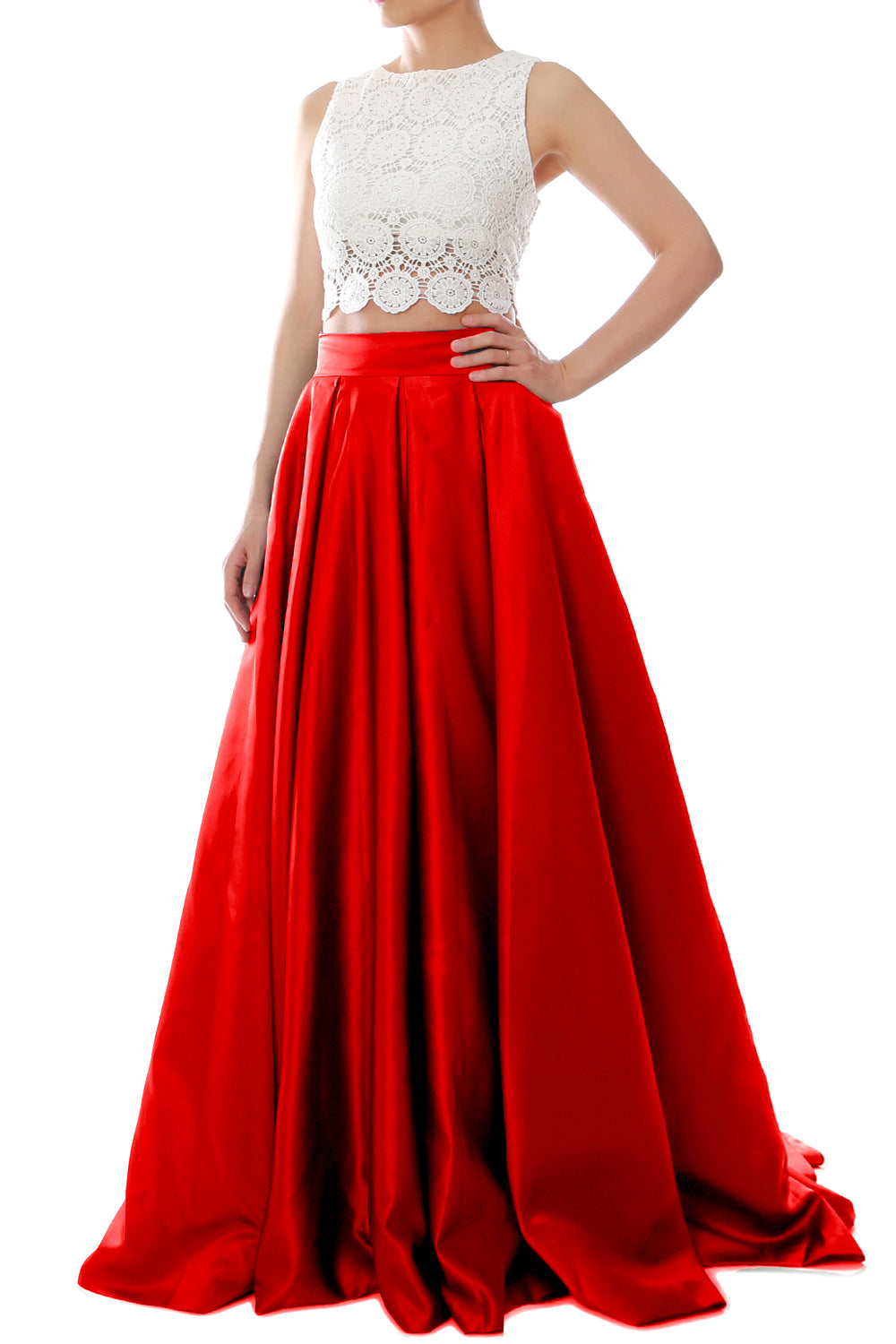 MACloth Women Two Piece O Neck Lace Long Prom Homecoming Dress Evening Ball Gown