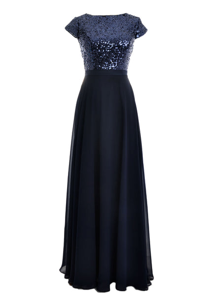 MACloth Women Cap Sleeve Sequin Long Birdesmaid Dress Wedding Party Formal Gown