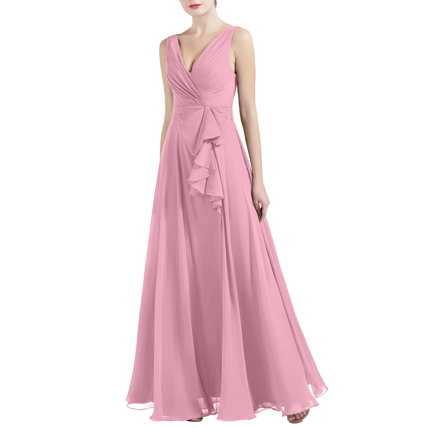 MACloth Women V Neck Long Pleated A Line Wedding Party Bridesmaid Dresses Slit