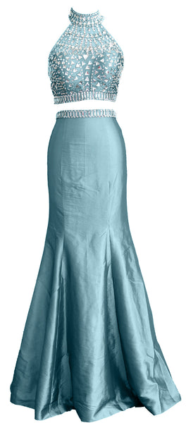 MACloth Women Mermaid Two Piece High Neck Taffeta Long Prom Dress Formal Gown