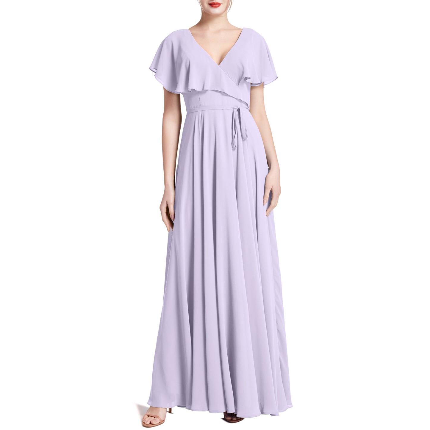 MACloth Women V Neck Ruffle BatWing Short Sleeve Maxi Wedding Bridesmaid Dresses