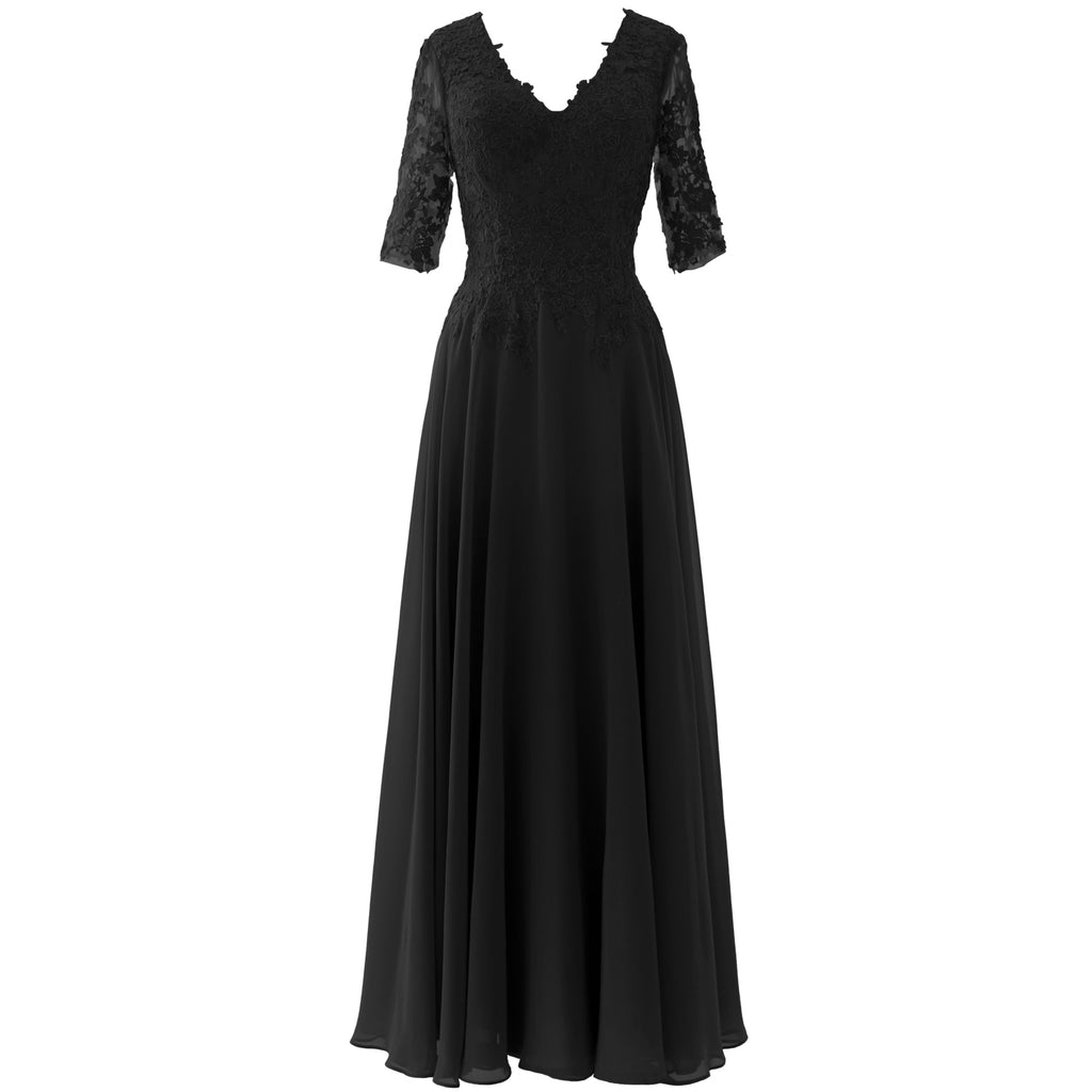 MACloth Long Maxi Mother Bride Dresses Short Sleeve Lace V Neck Evening Gown