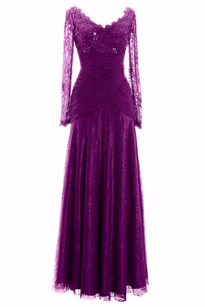 MACloth Women Long Sleeve V Neck Bead Mother of Bride Formal Dress Evening Gown