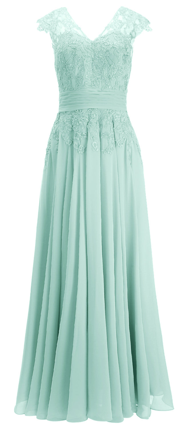 MACloth Damen Maxikleid für die Brautmutter, Flügelärmel, V-Ausschnitt, Spitze, Abendkleid