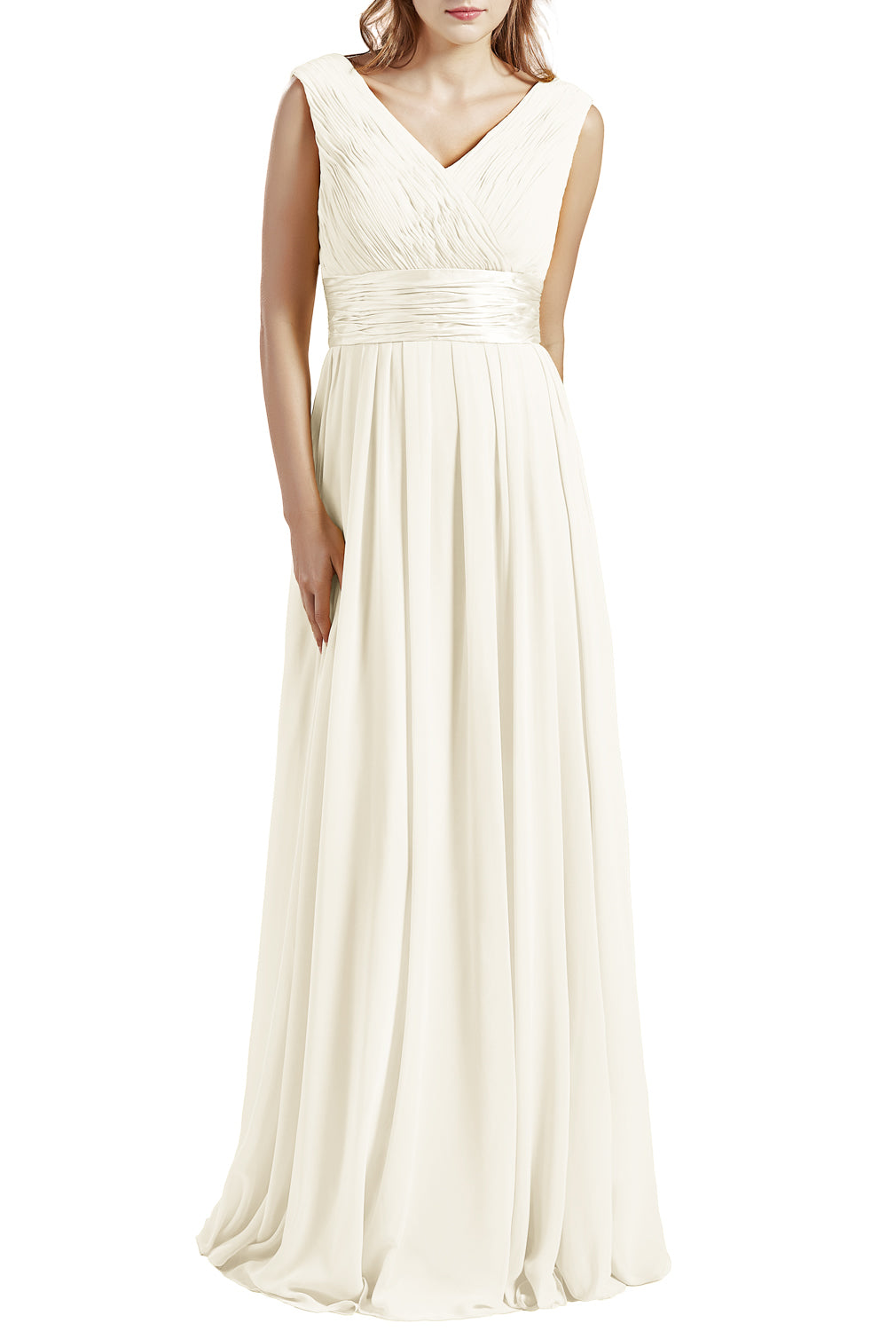 MACloth Damen Langes V-Ausschnitt Chiffon Brautjungfernkleid mit Rüschen BD