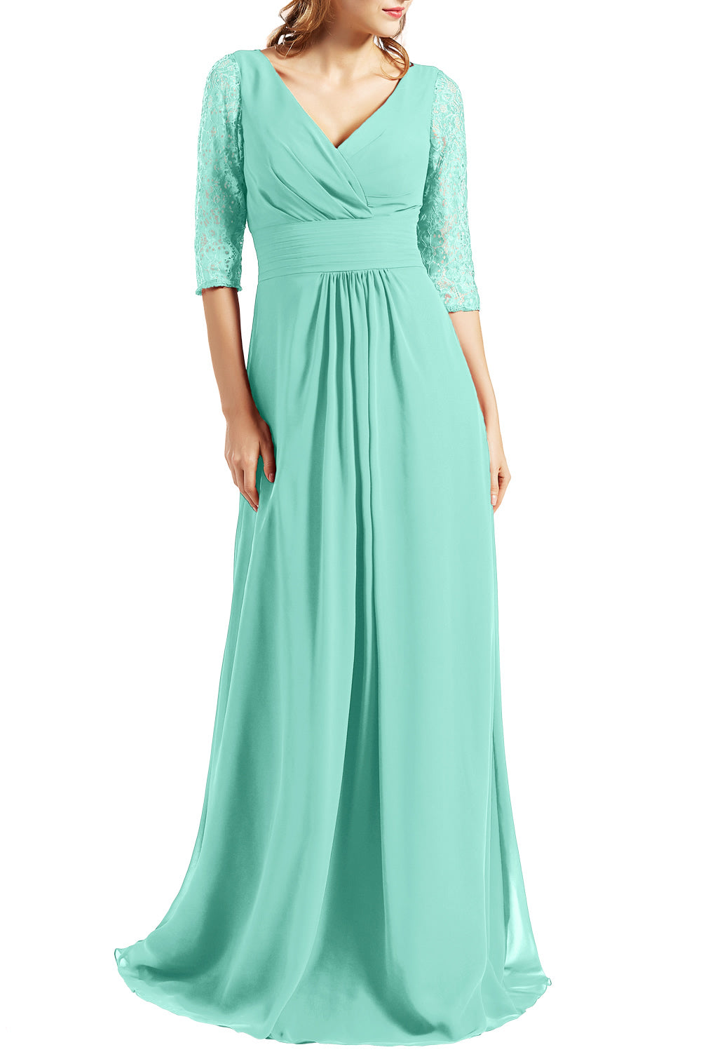 MACloth Langes Abendkleid für die Brautmutter mit V-Ausschnitt und 3/4-Ärmeln für Damen
