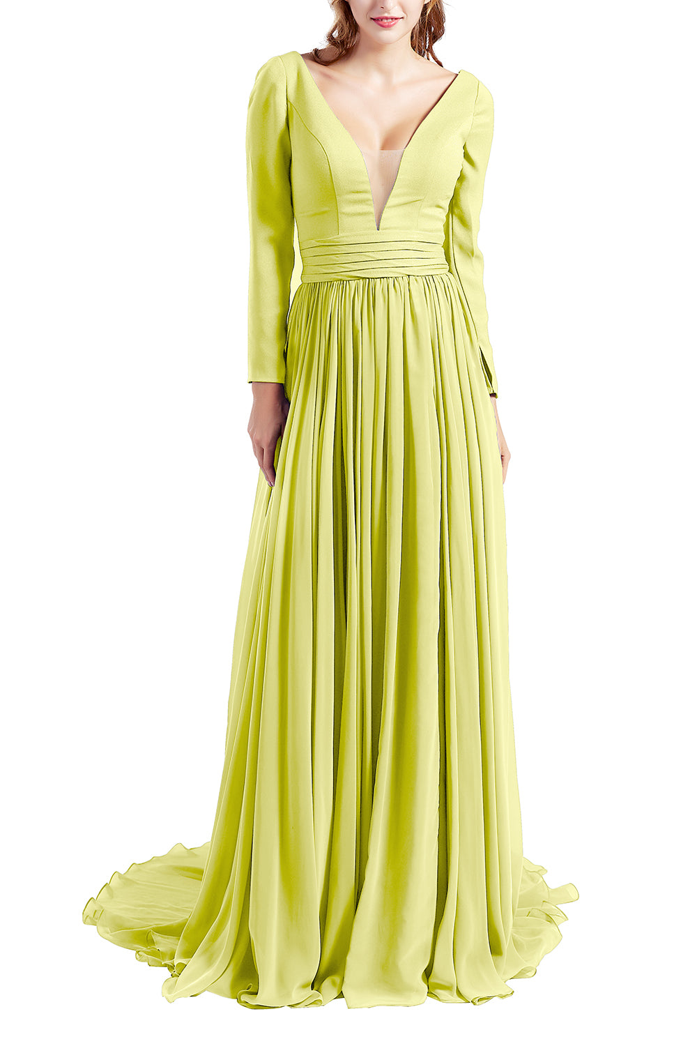 MACloth Women Plunging V Neck Long Sleeve Formal Evening Dress Prom Party Gown