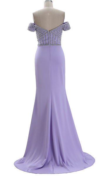 MACloth Women Off the Shoulder Beaded Formal Evening Gown Beaded Long Prom Dress