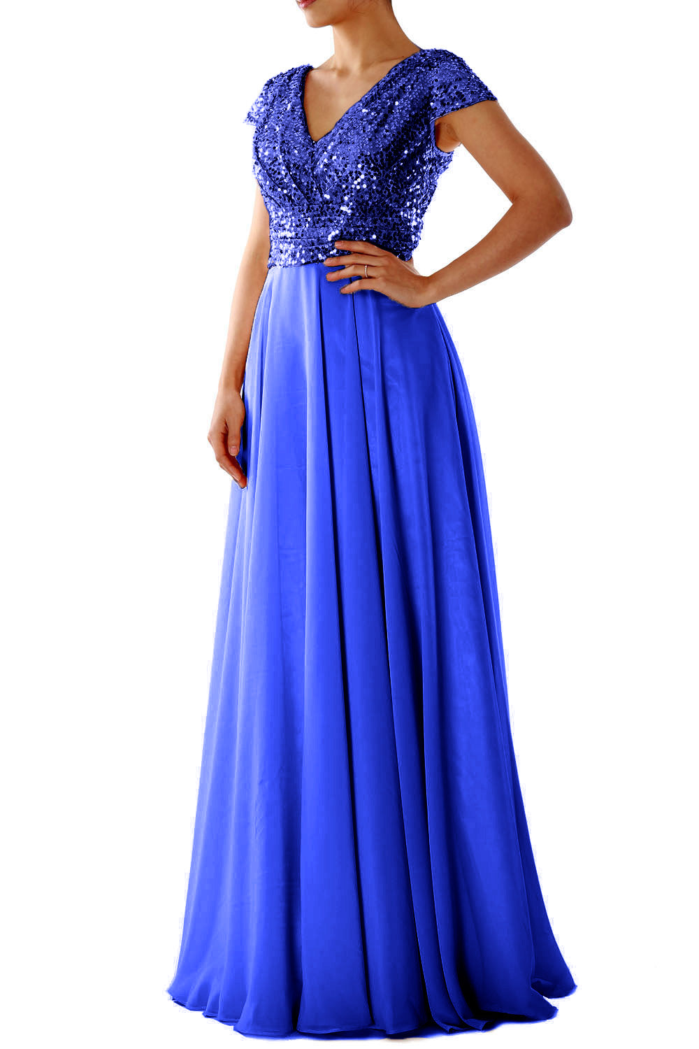 Cap Sleeves V Neck Sequin Chiffon Rose Gold Bridesmaid Dress