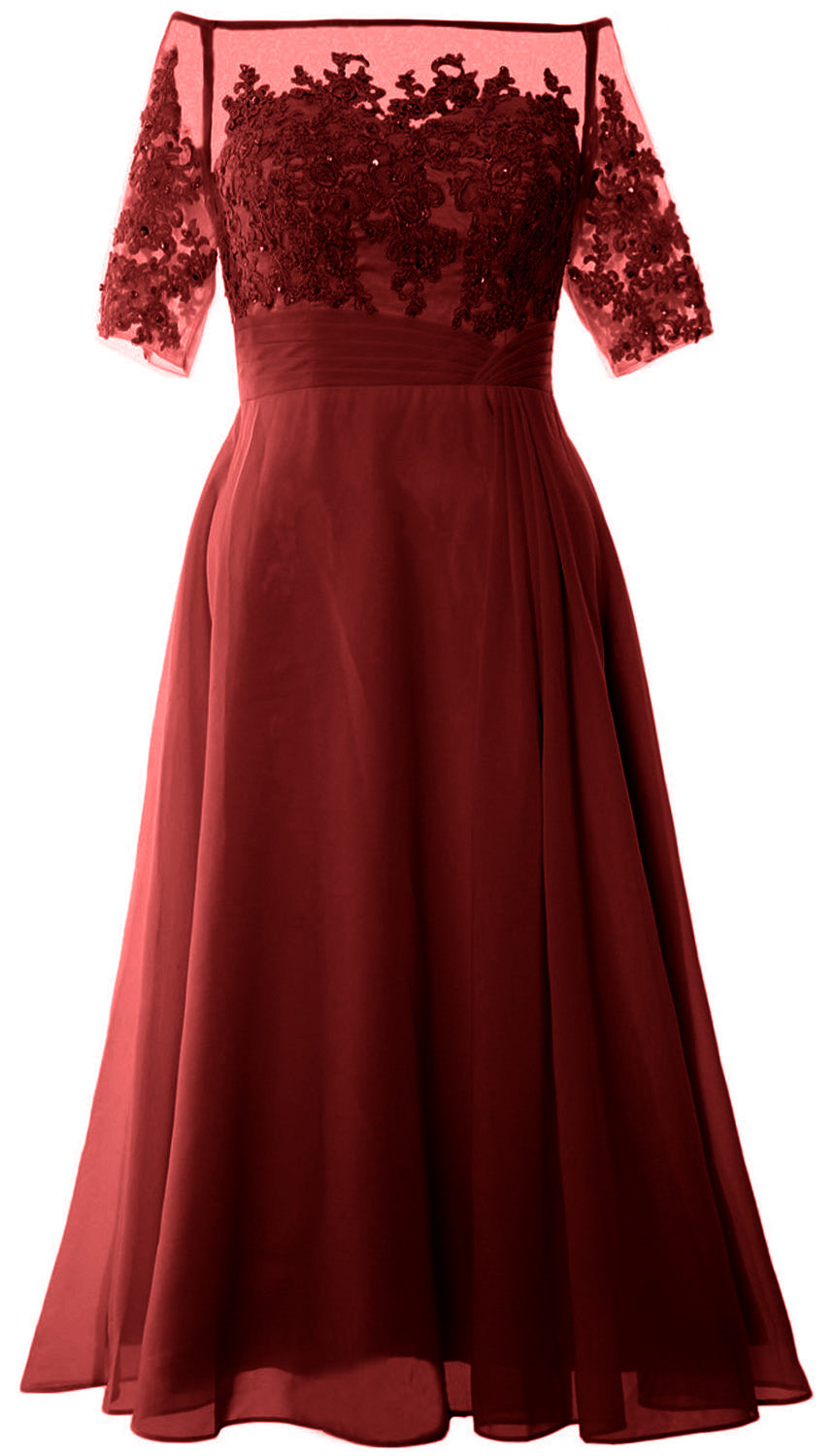 Vestidos de madre de la novia de MACloth, mangas cortas, midi, hombros descubiertos, semi formales