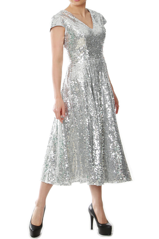 MACloth Women Midi Mother of Bride Dresses Sequin Cap Sleeves Wedding Party