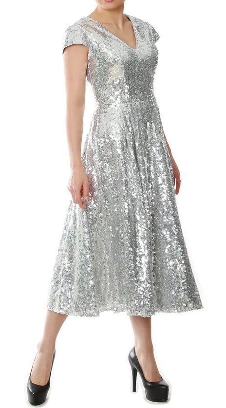 MACloth Women Midi Mother of Bride Dresses Sequin Cap Sleeves Wedding Party
